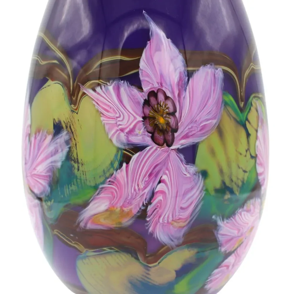 Fields Art Glass Vase Signed Hand Blown Studio Art Purple Pink Floral Botanical